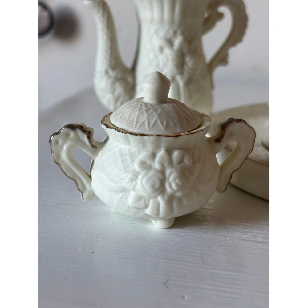 Mini porcelain TEA SET - 6 pieces, vintage decor trinket white lace gold leaf
